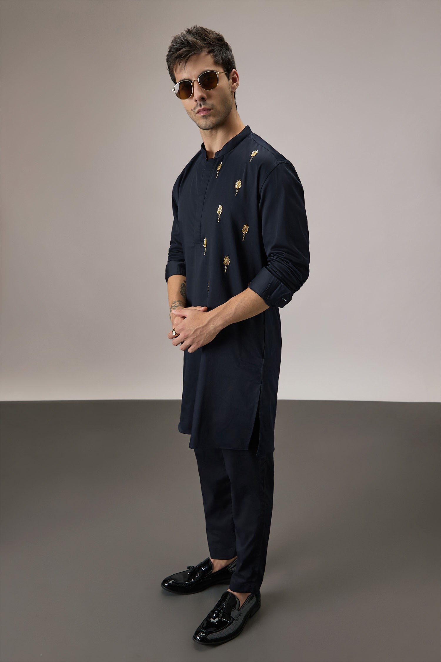 Posy Gold(Floral)  - Hand Embroidered Designer Kurta - Navy