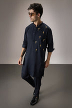 Posy Gold(Floral)  - Hand Embroidered Designer Kurta - Navy