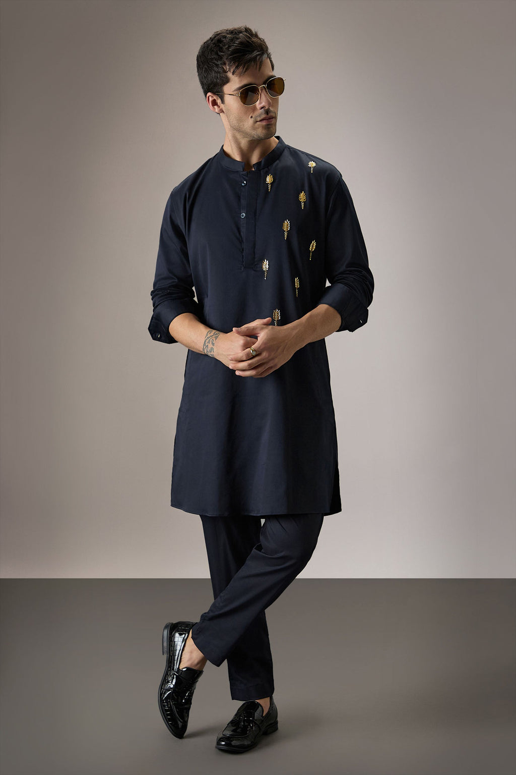 Posy Gold(Floral)  - Hand Embroidered Designer Kurta - Navy