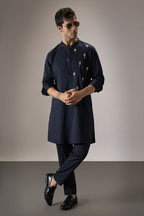 Posy Gold(Floral)  - Hand Embroidered Designer Kurta - Navy