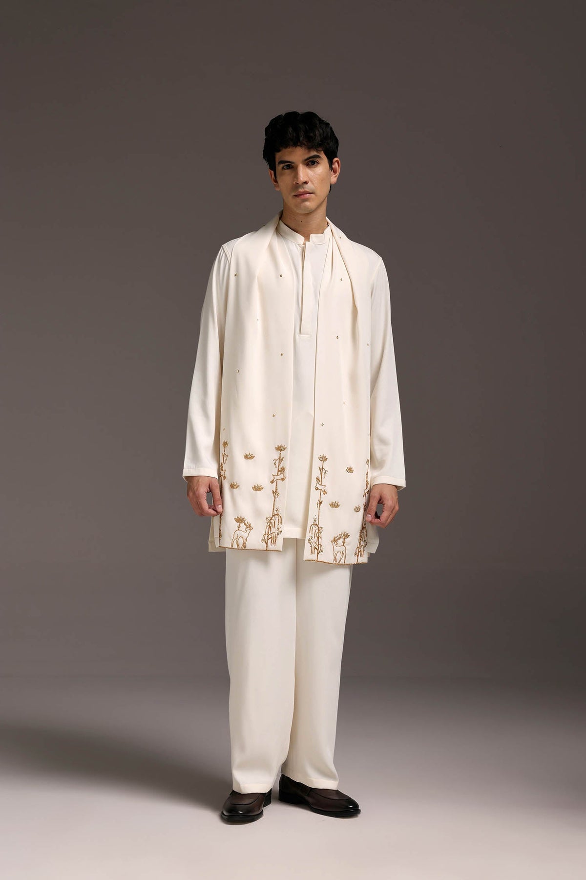 Roe - Hand Embroidered Designer Shawl - Ivory