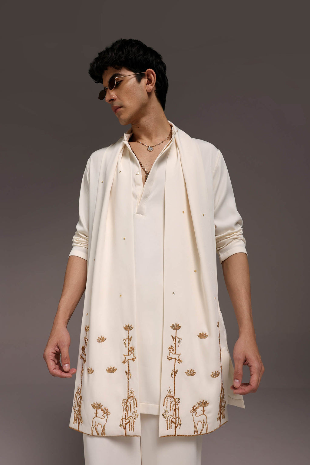 Roe - Hand Embroidered Designer Shawl - Ivory