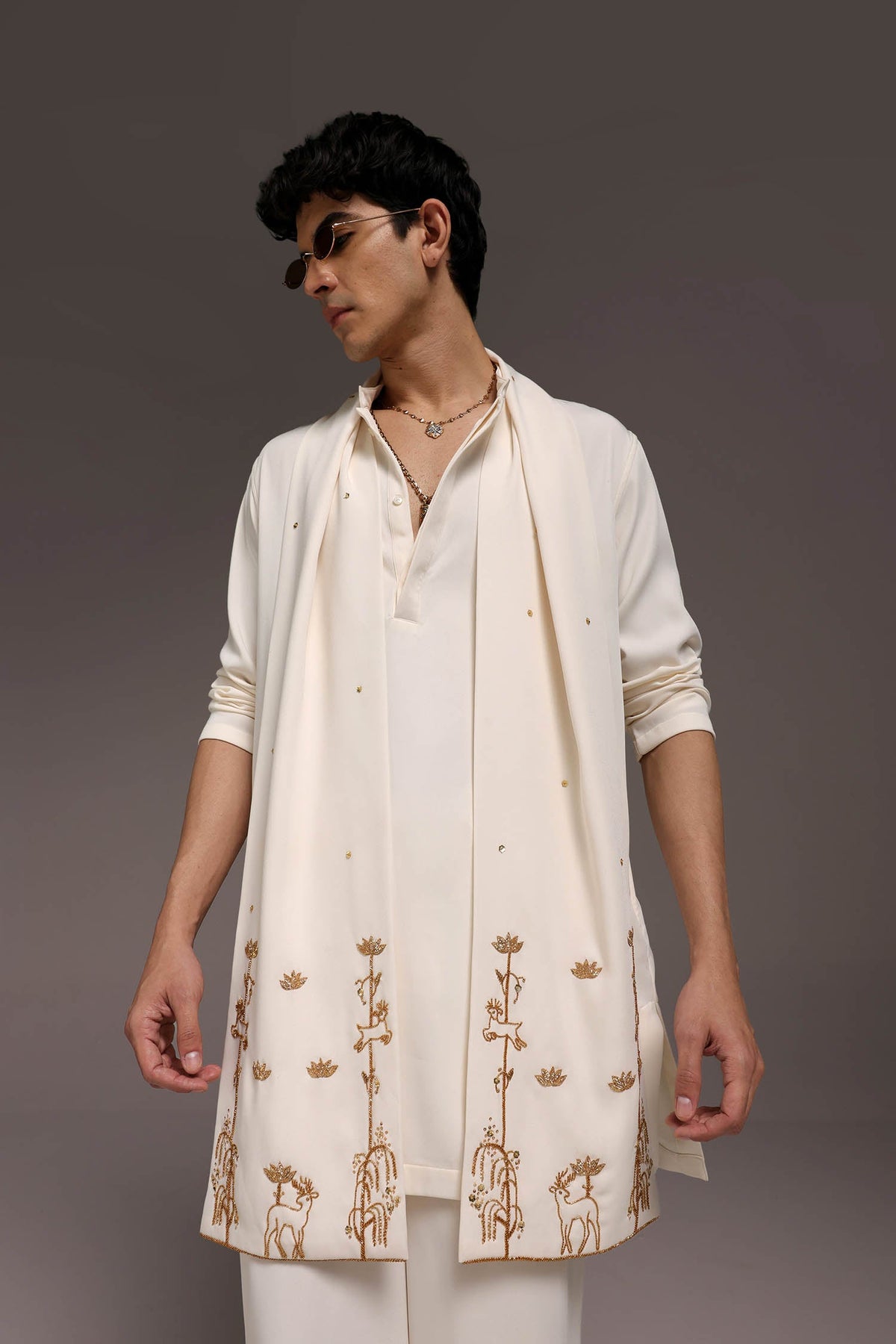 Roe - Hand Embroidered Designer Shawl - Ivory