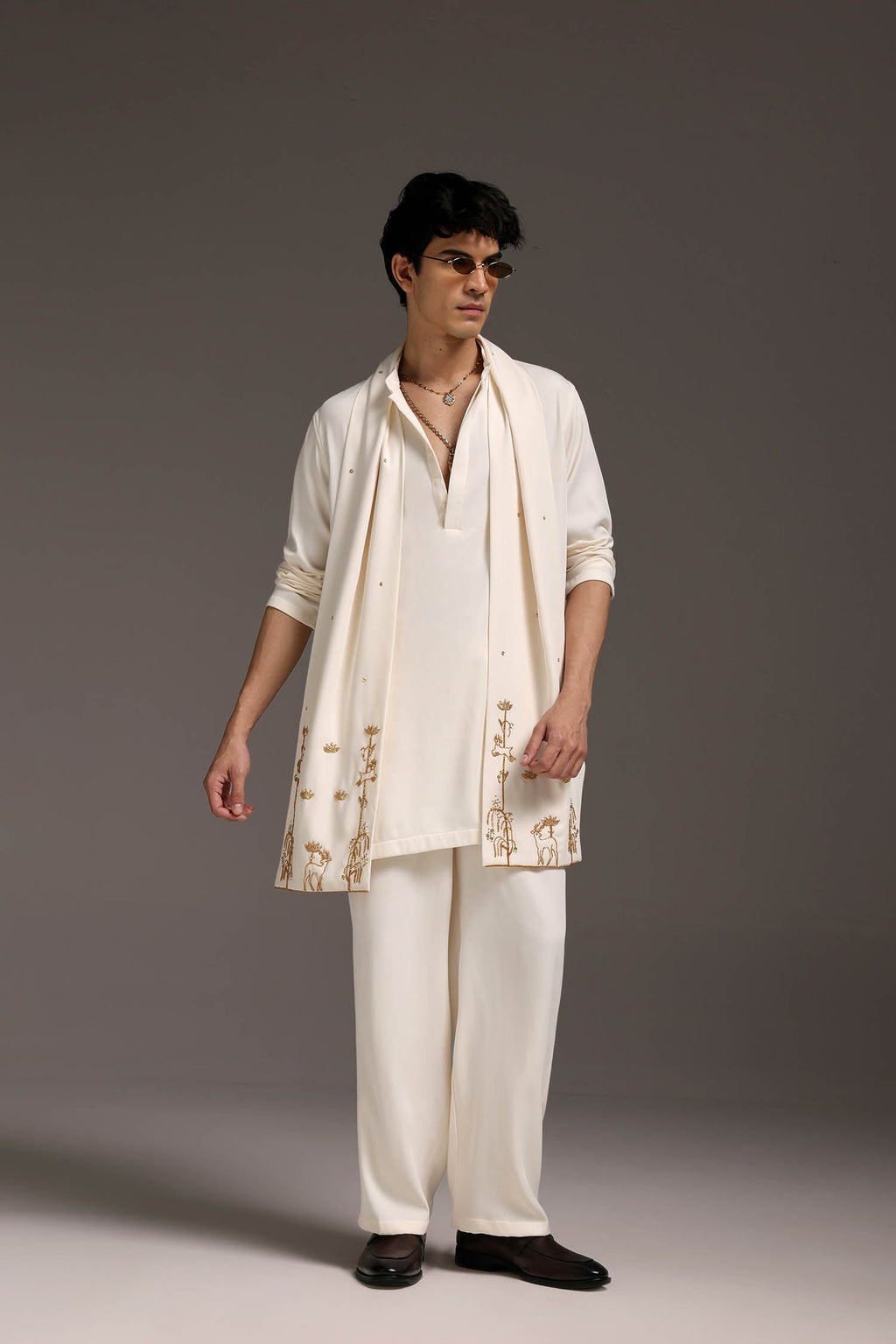 Roe - Hand Embroidered Designer Shawl - Ivory