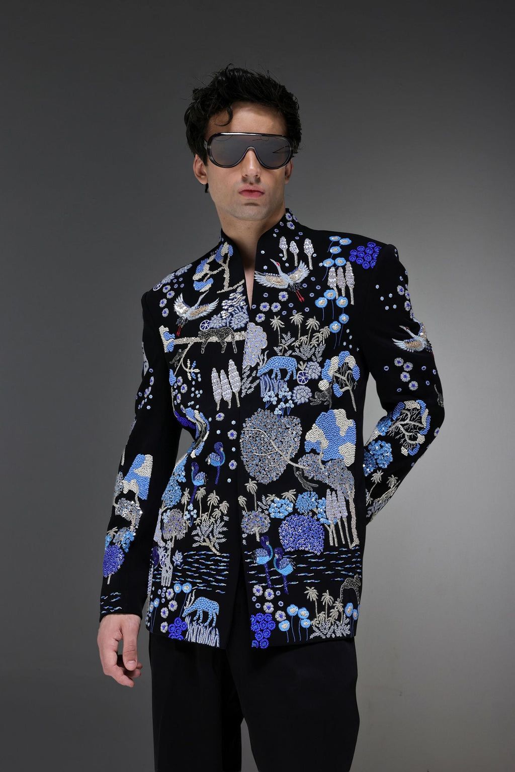 Jungle Paradise - Hand Embroidered Bandhgala - Black