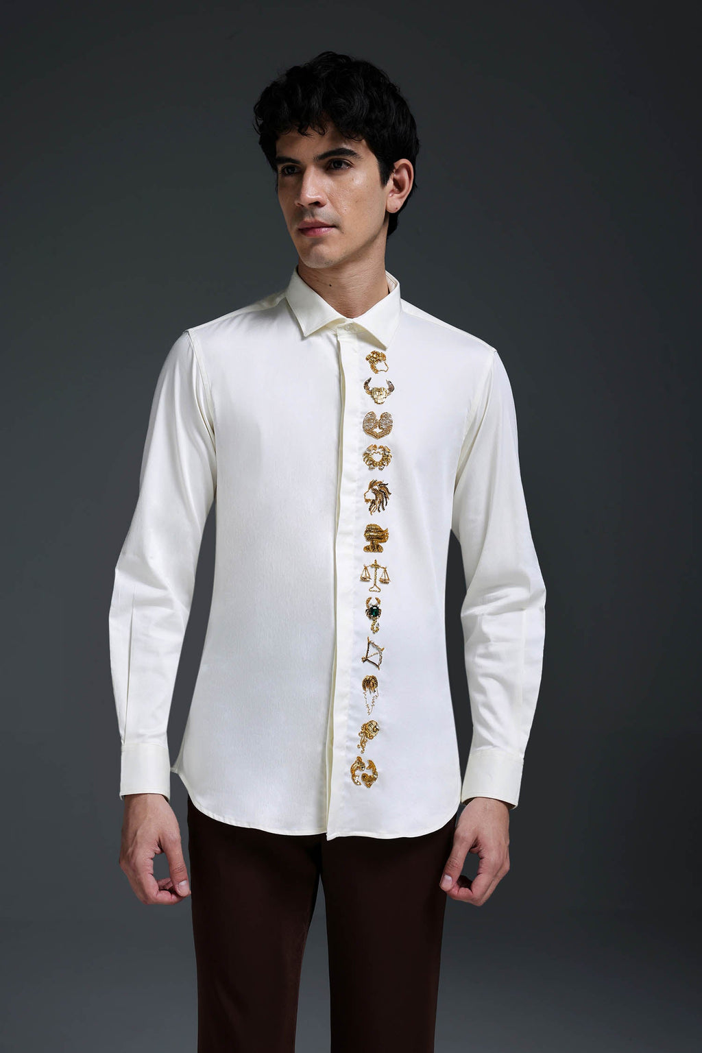 Zodiac Signs - Hand Embroidered Designer Shirt - Ivory
