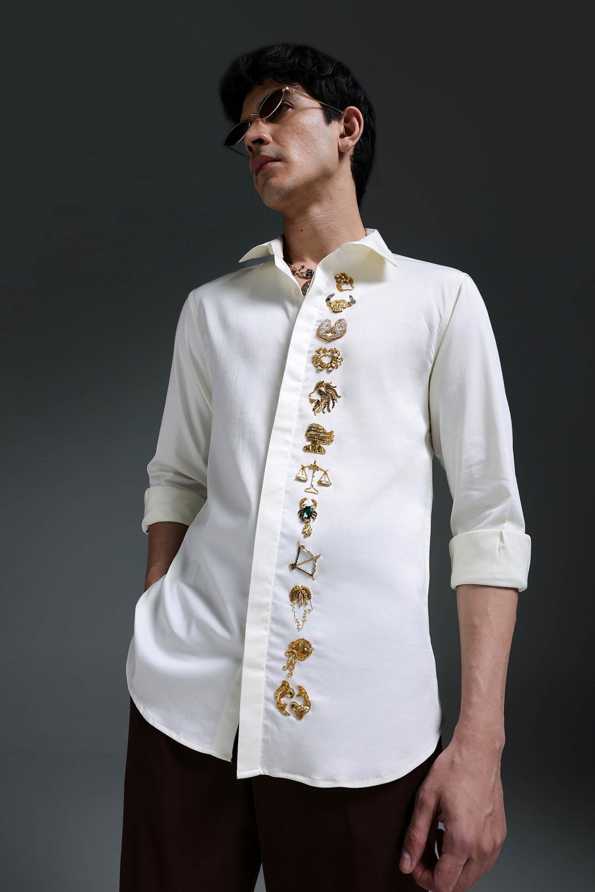 Zodiac Signs - Hand Embroidered Designer Shirt - Ivory