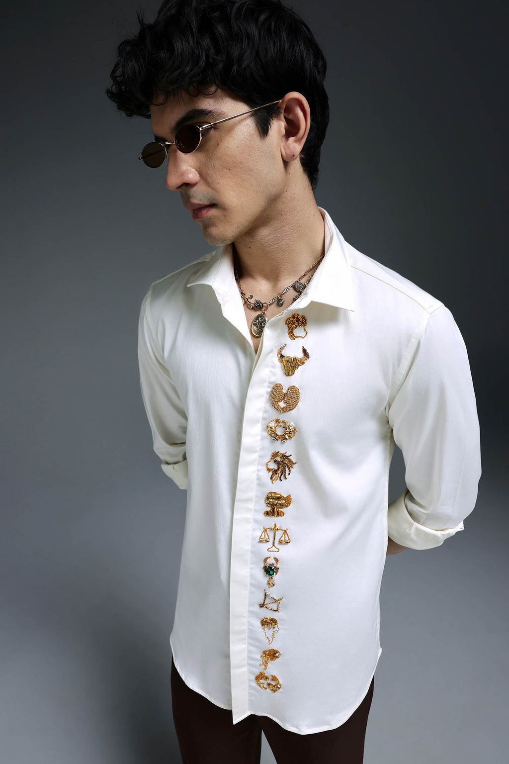 Zodiac Signs - Hand Embroidered Designer Shirt - Ivory