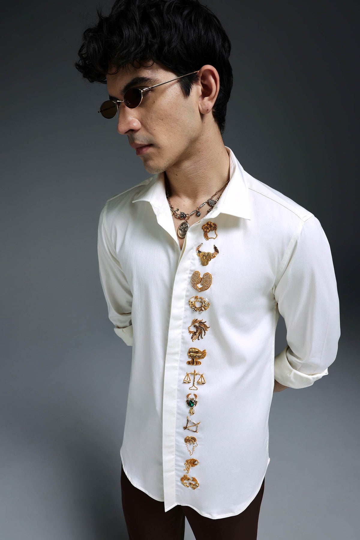 Zodiac Signs - Hand Embroidered Designer Shirt - Ivory