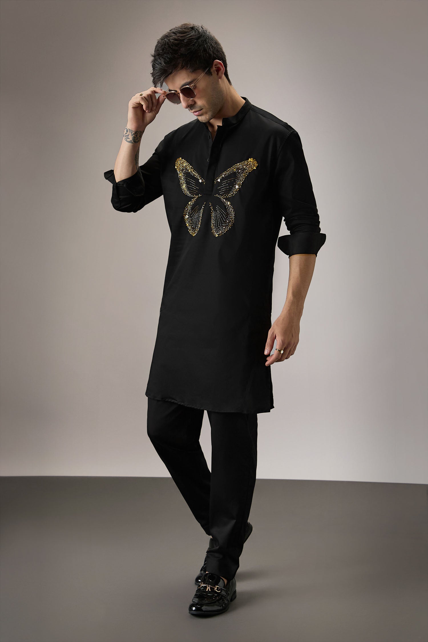 Butterfly Hand Embroidered Designer Kurta - Black