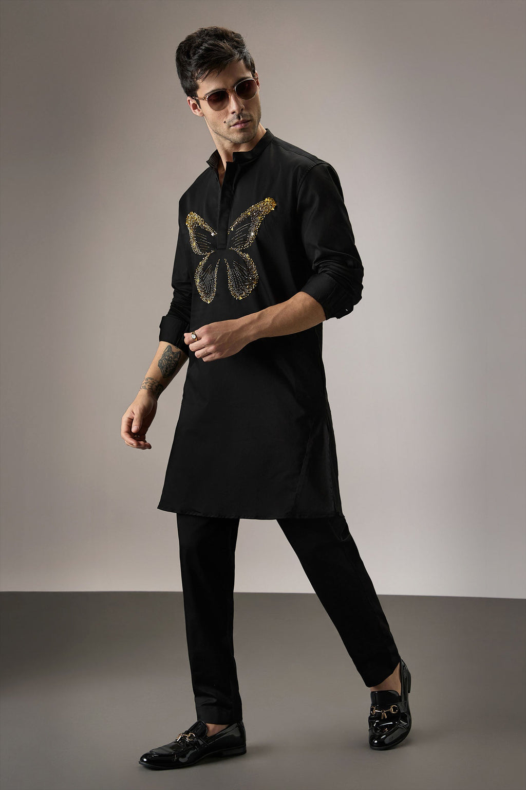 Butterfly Hand Embroidered Designer Kurta - Black