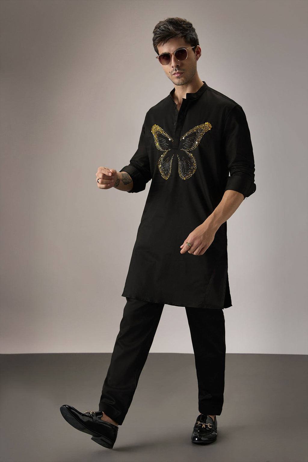 Butterfly Hand Embroidered Designer Kurta - Black