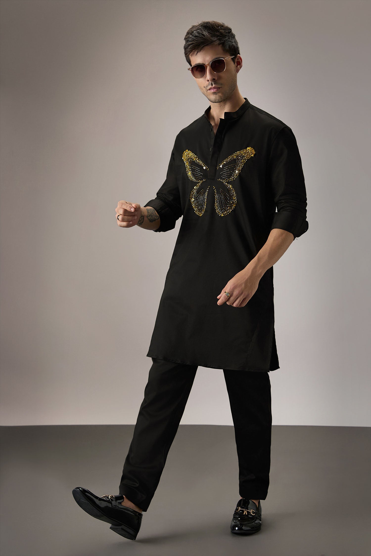 Butterfly Hand Embroidered Designer Kurta - Black