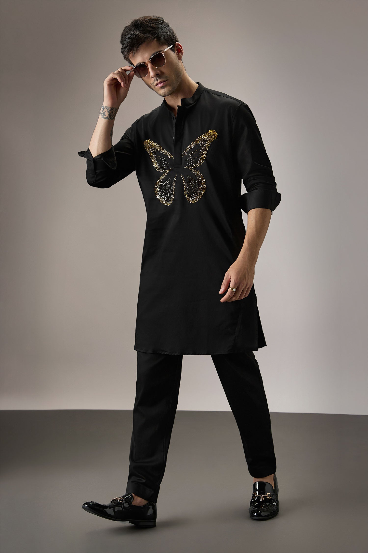 Butterfly Hand Embroidered Designer Kurta - Black