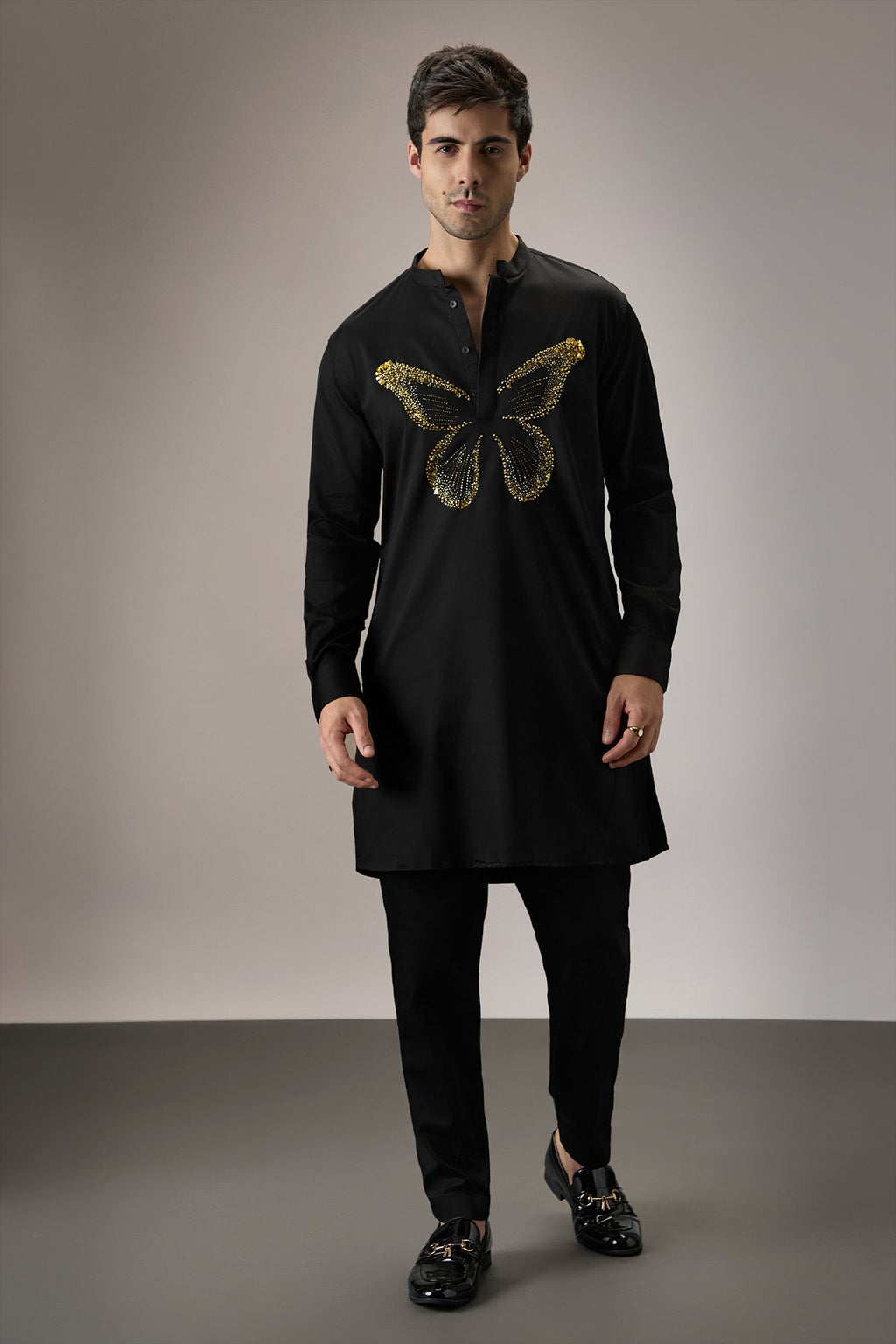 Butterfly Hand Embroidered Designer Kurta - Black