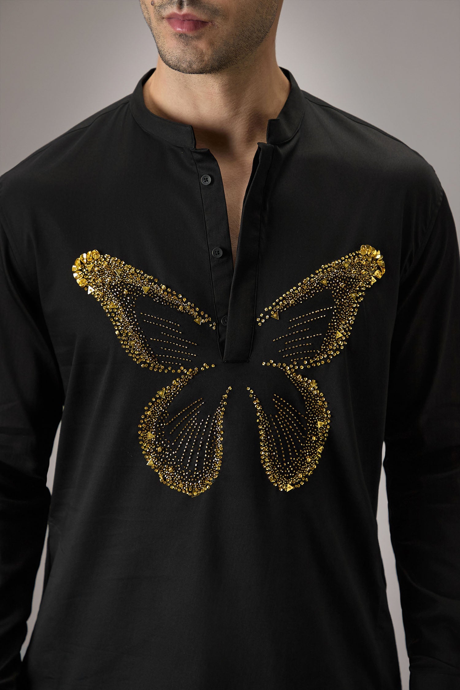 Butterfly Hand Embroidered Designer Kurta - Black