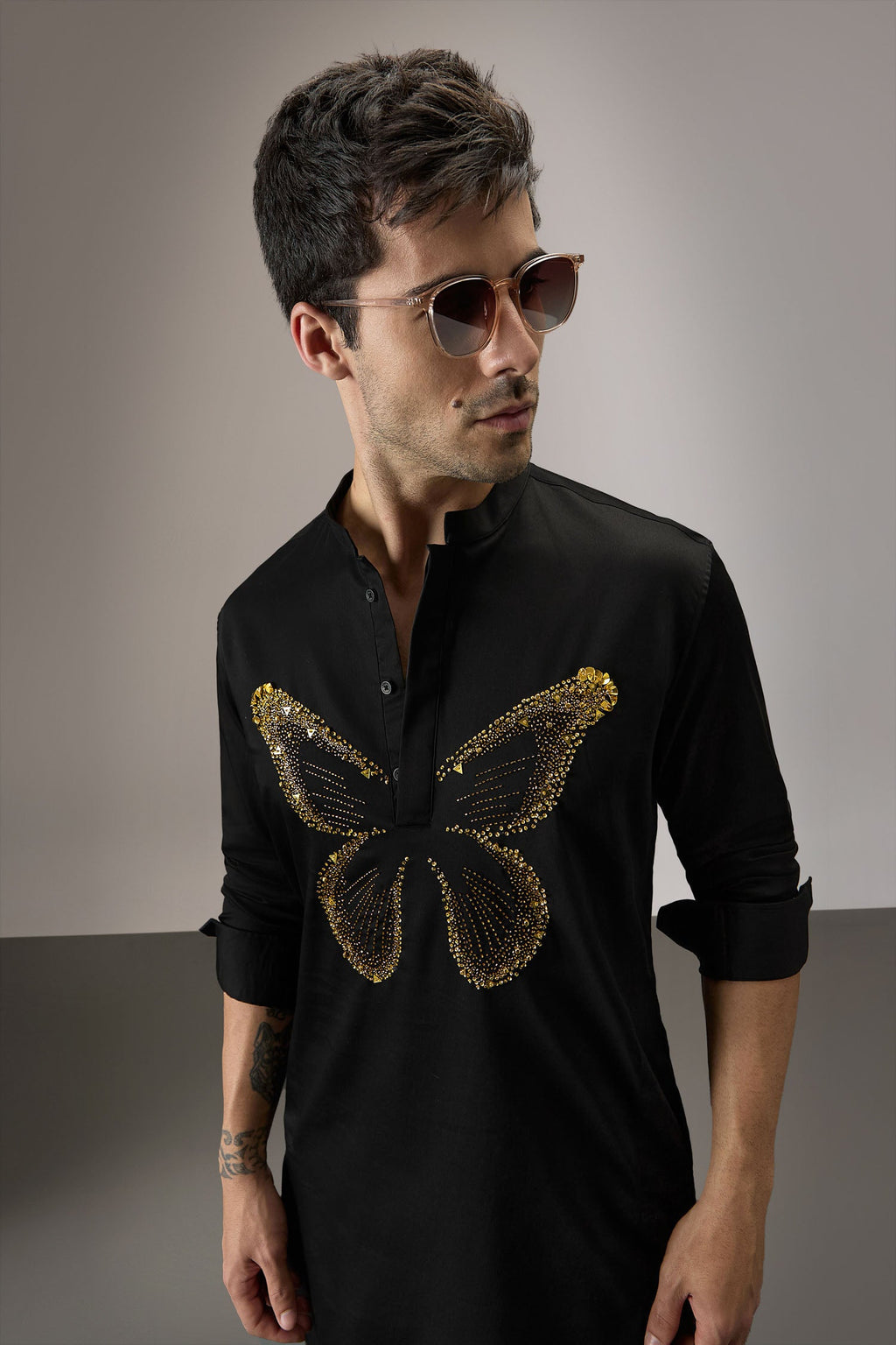 Butterfly Hand Embroidered Designer Kurta - Black