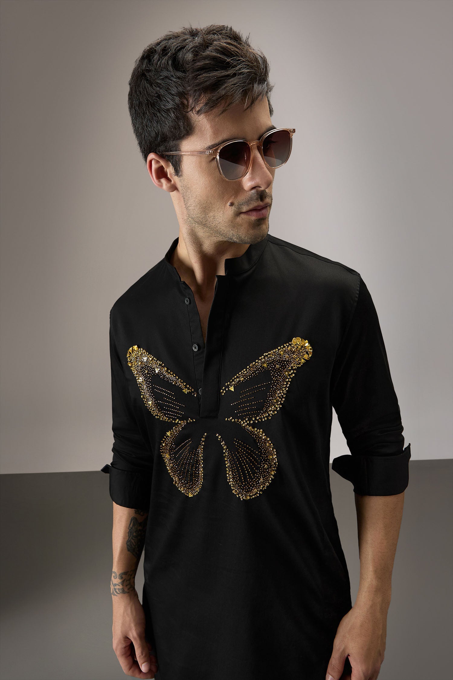 Butterfly Hand Embroidered Designer Kurta - Black