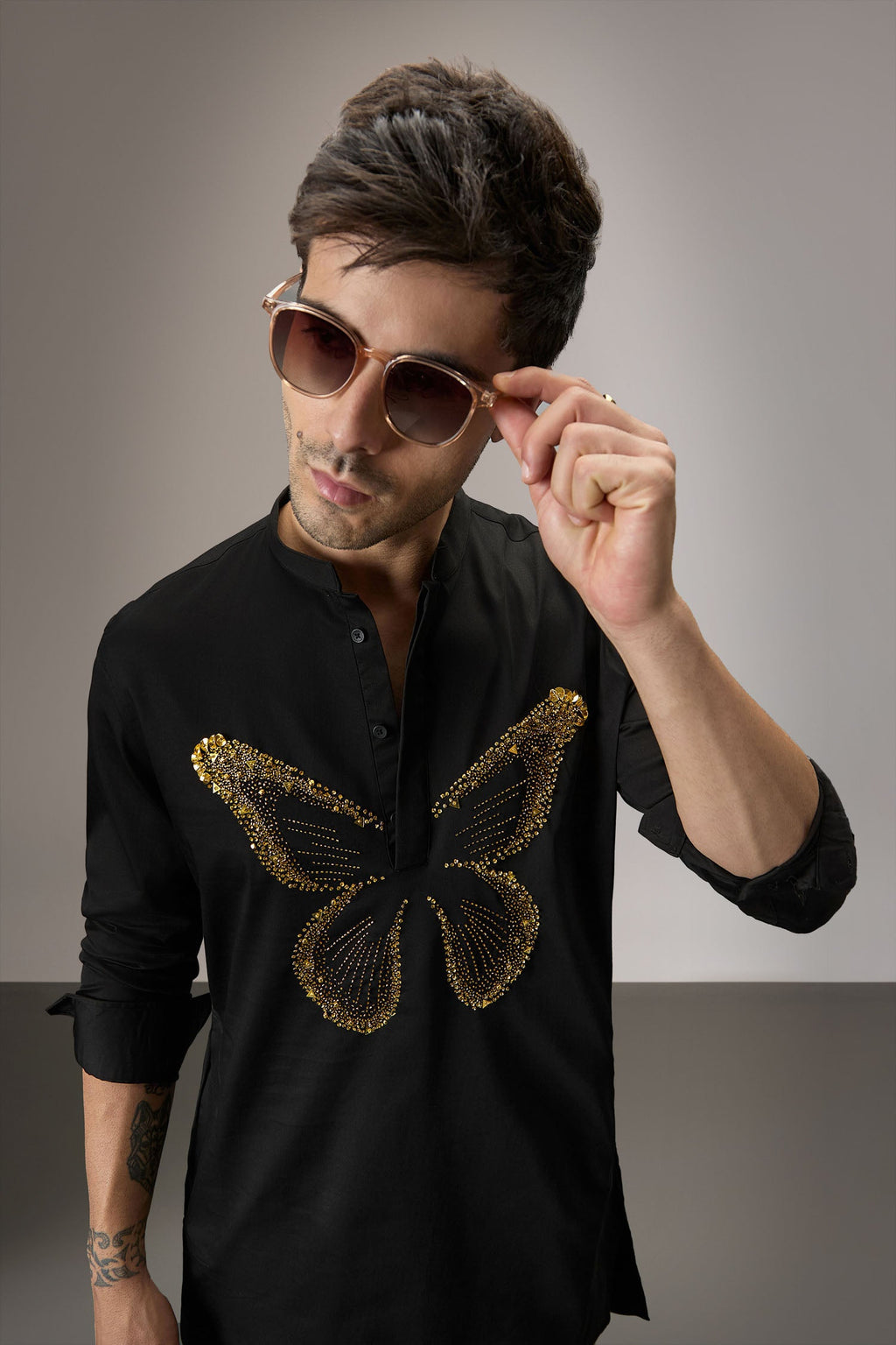 Butterfly Hand Embroidered Designer Kurta - Black