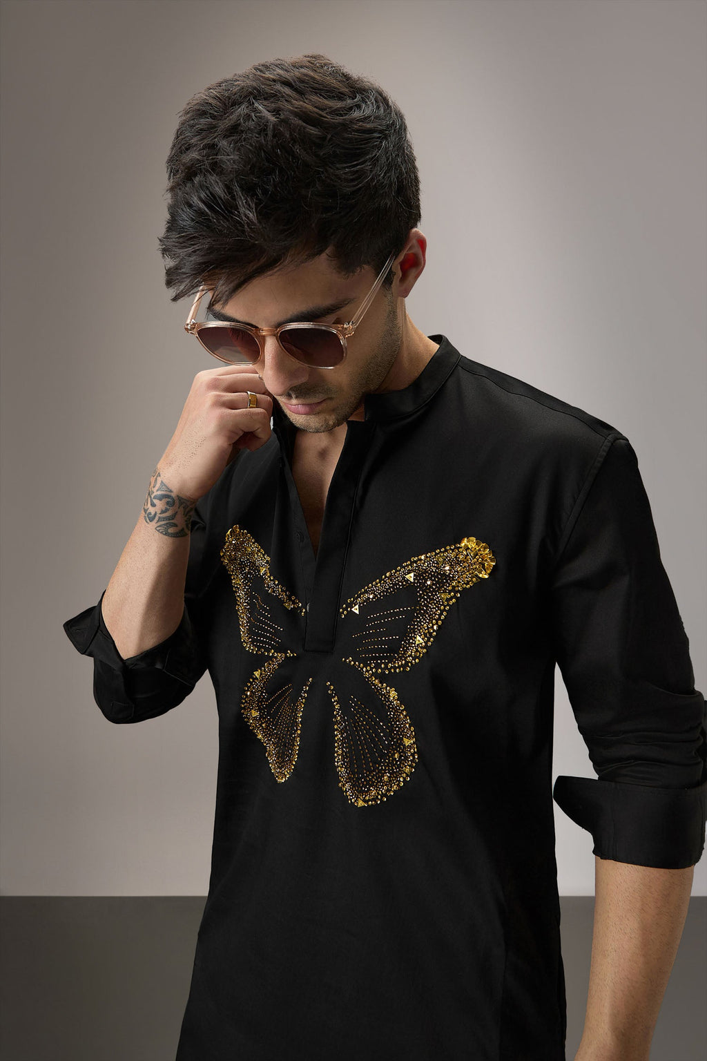Butterfly Hand Embroidered Designer Kurta - Black