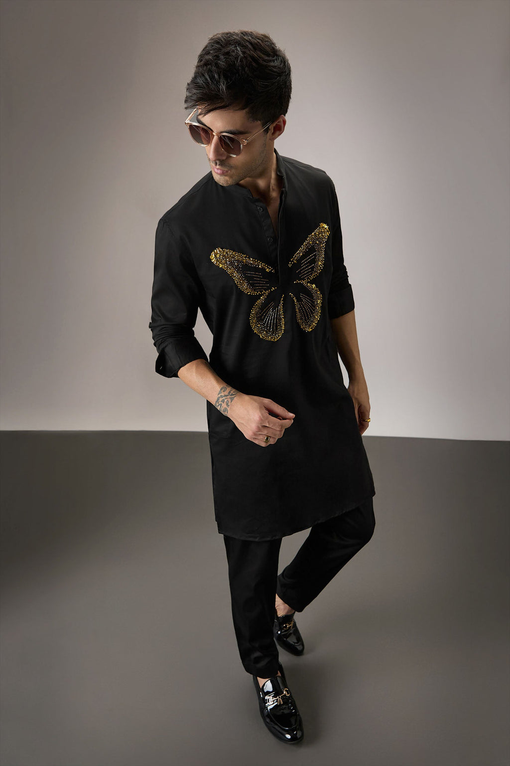 Butterfly Hand Embroidered Designer Kurta - Black