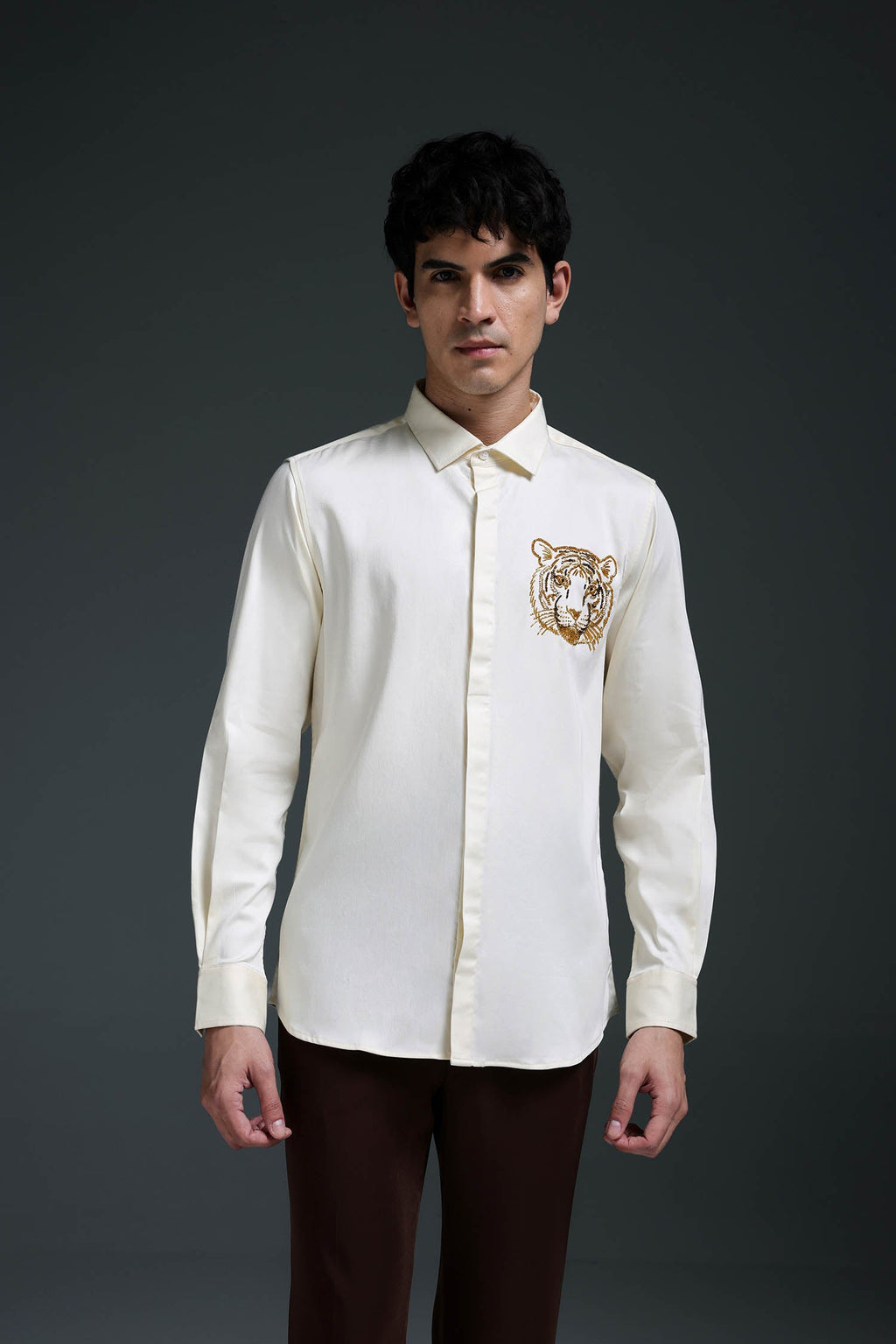 Predator(Tiger) - Hand Embroidered Designer Shirt - Ivory