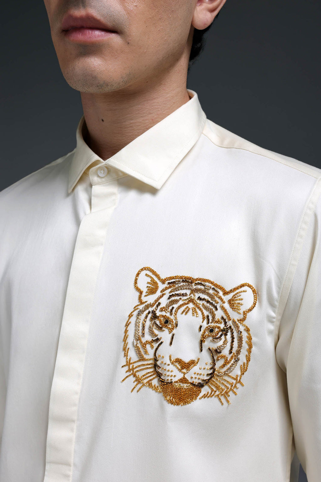 Predator(Tiger) - Hand Embroidered Designer Shirt - Ivory