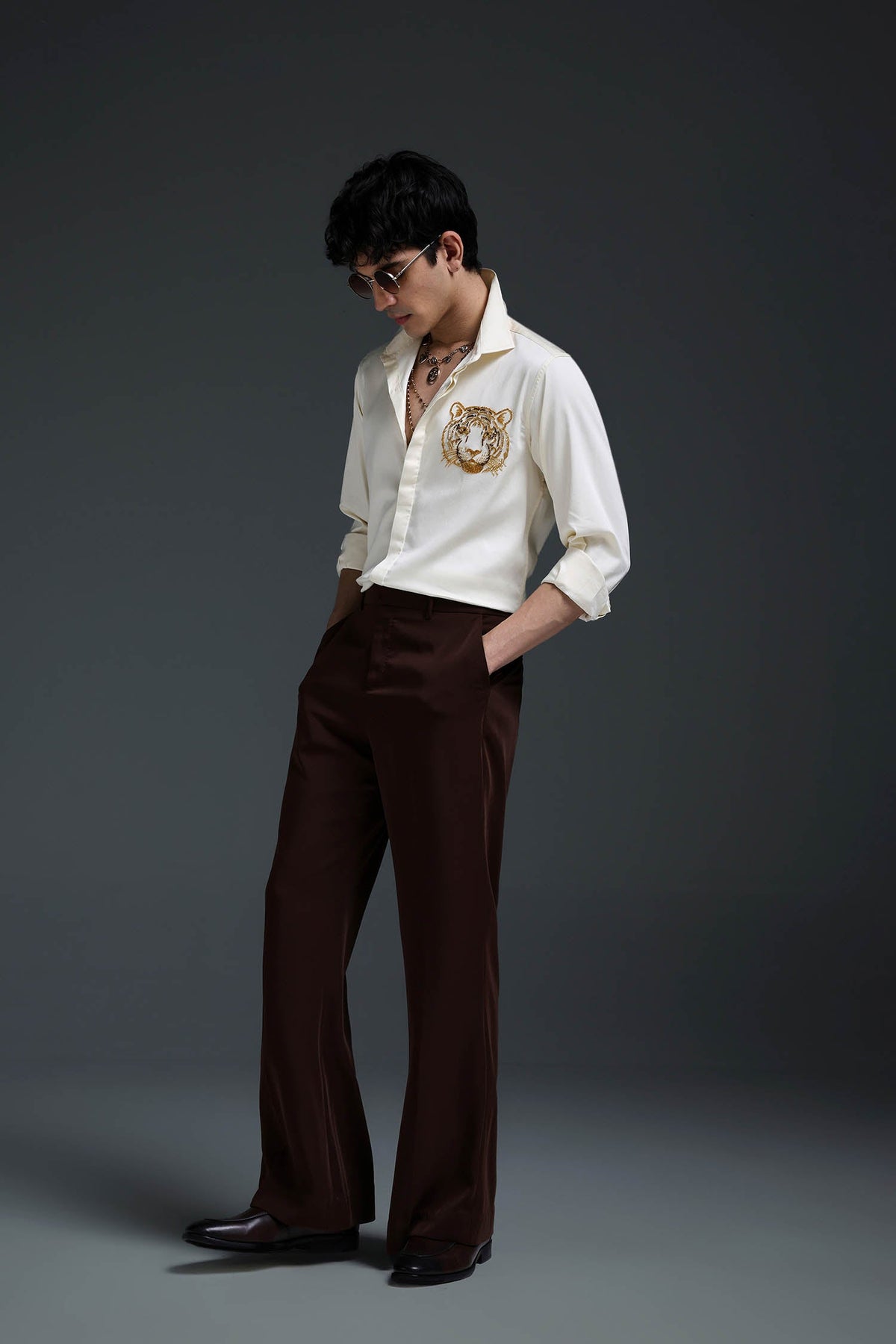 Predator(Tiger) - Hand Embroidered Designer Shirt - Ivory