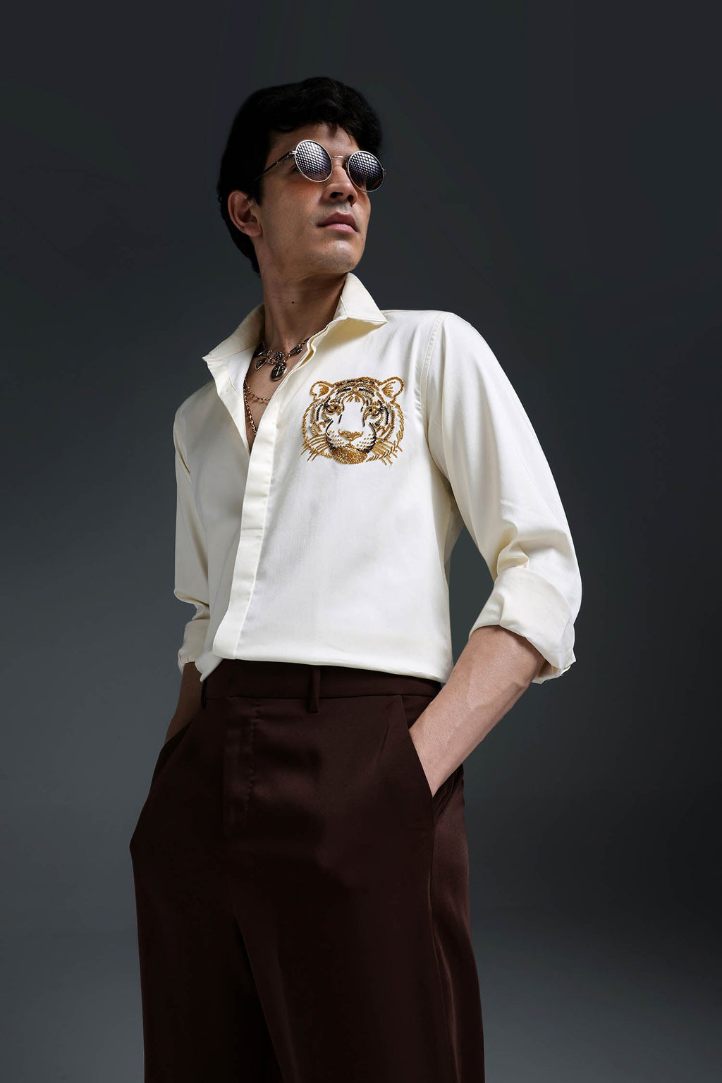 Predator(Tiger) - Hand Embroidered Designer Shirt - Ivory