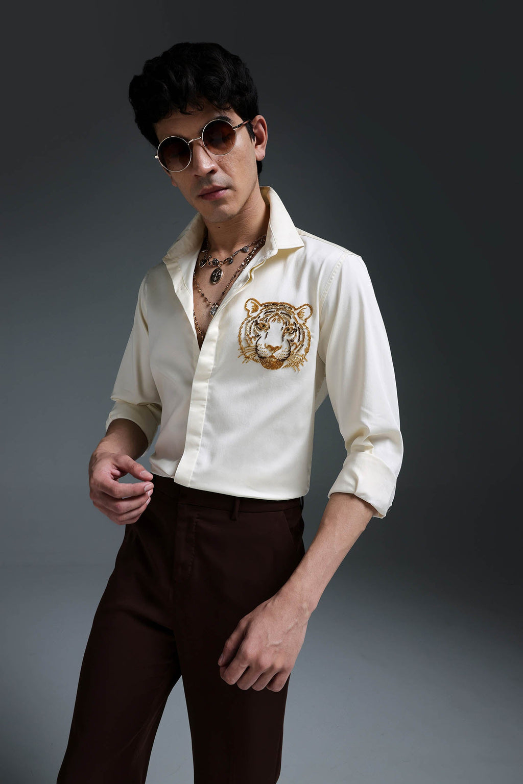 Predator(Tiger) - Hand Embroidered Designer Shirt - Ivory