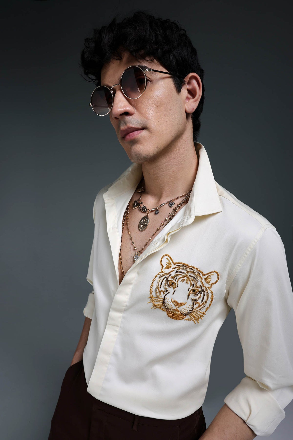 Predator(Tiger) - Hand Embroidered Designer Shirt - Ivory