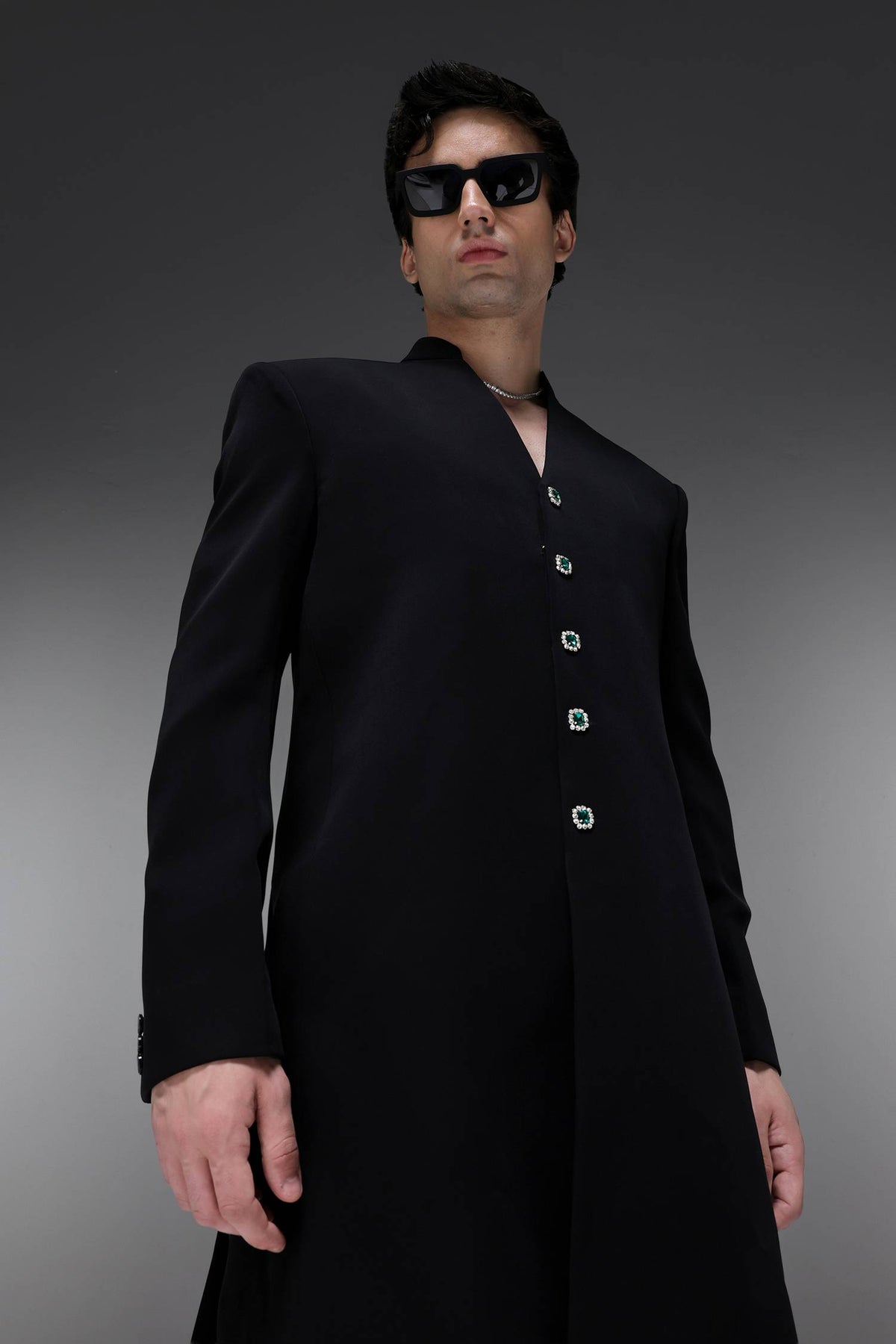 Solitare(Rhinestones) (SRK) - Hand Embroidered Bandhgala - Black