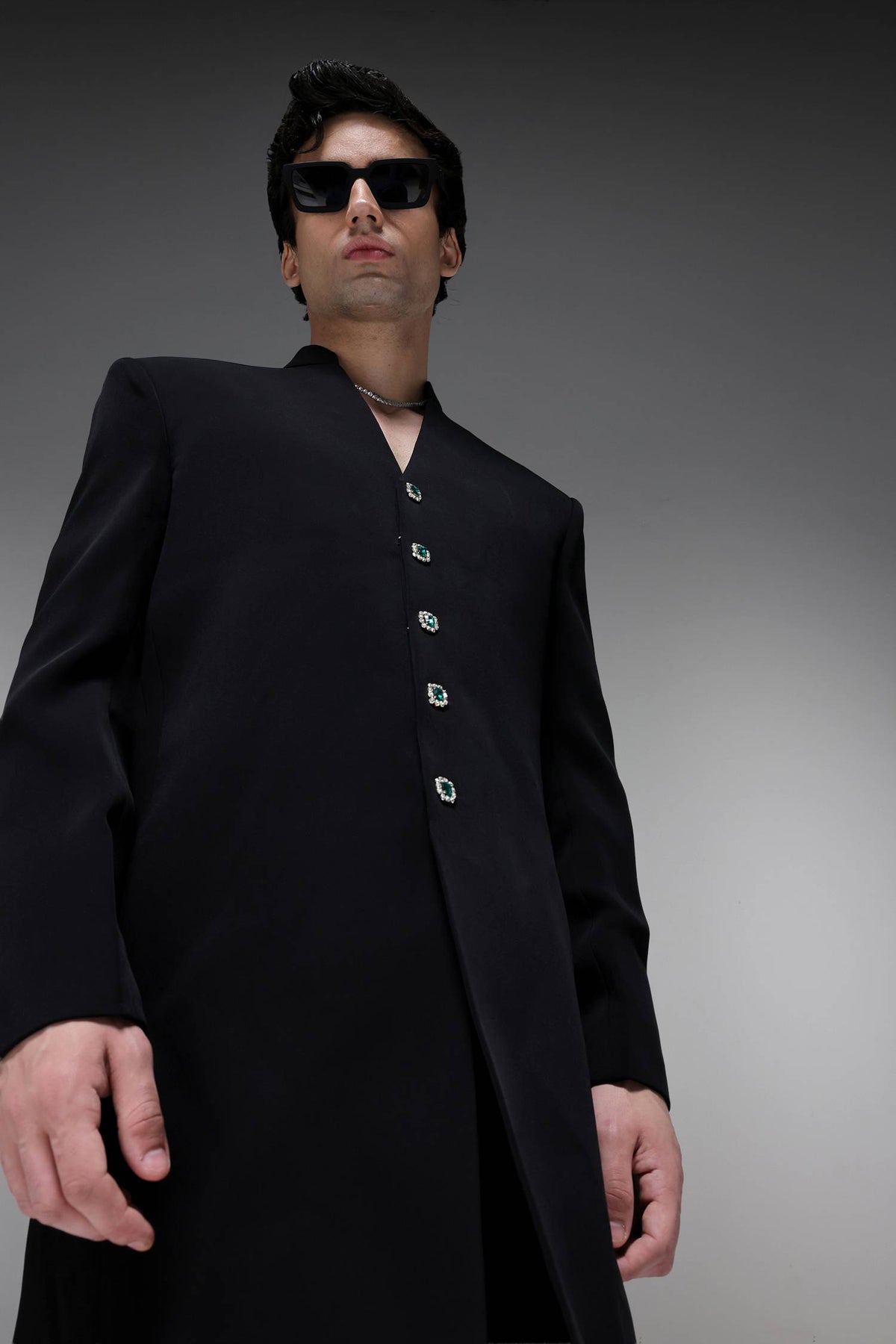 Solitare(Rhinestones) (SRK) - Hand Embroidered Bandhgala - Black