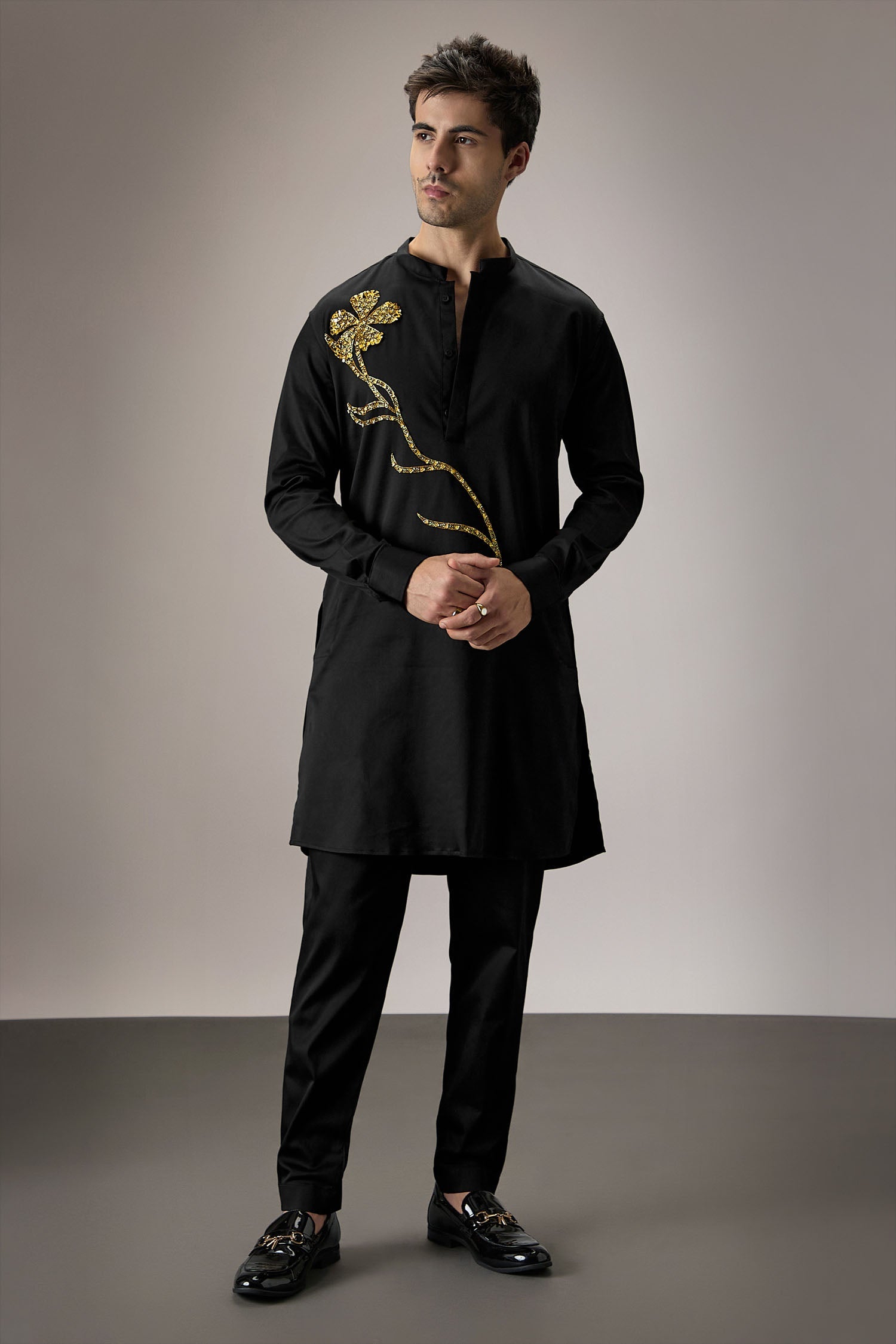 Long Flower - Hand Embroidered Designer Kurta - Black