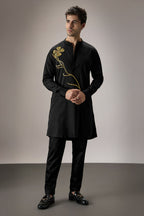 Long Flower - Hand Embroidered Designer Kurta - Black