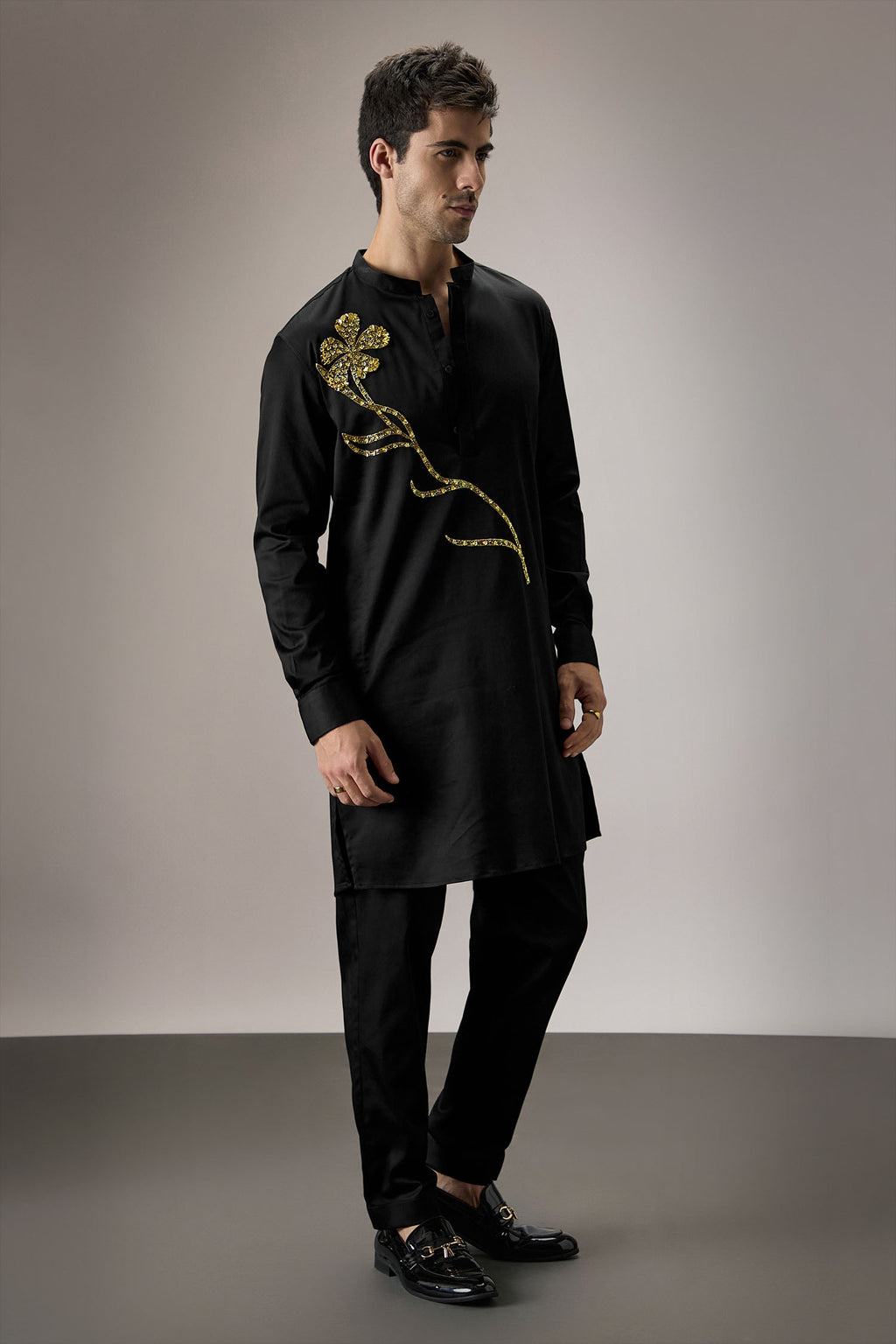 Long Flower - Hand Embroidered Designer Kurta - Black
