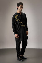 Long Flower - Hand Embroidered Designer Kurta - Black