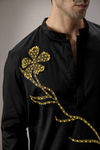 Long Flower - Hand Embroidered Designer Kurta - Black