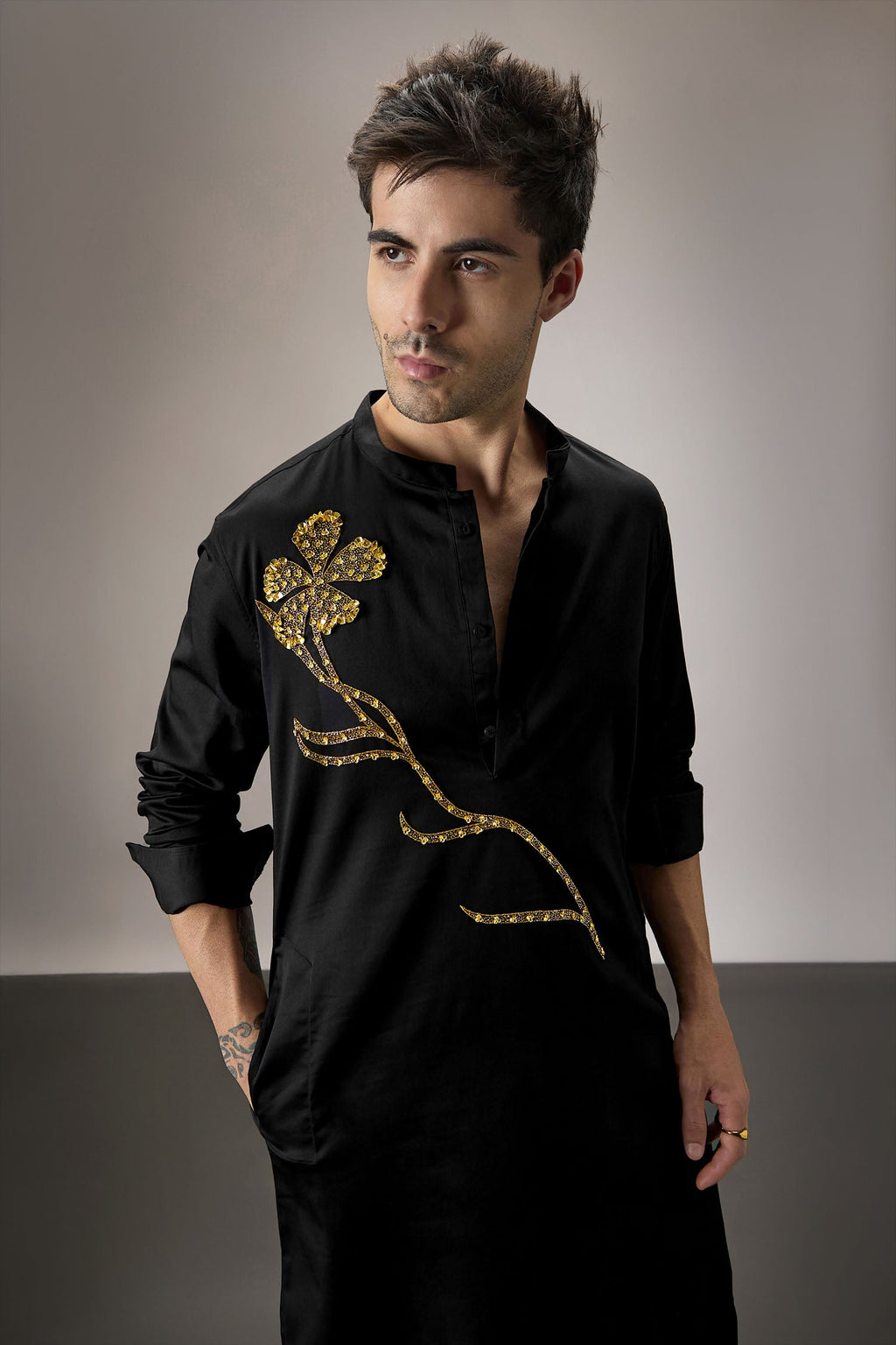 Long Flower - Hand Embroidered Designer Kurta - Black