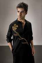 Long Flower - Hand Embroidered Designer Kurta - Black