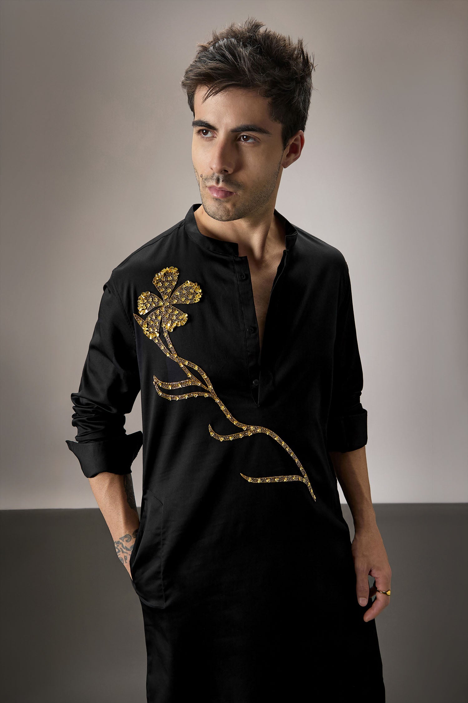 Long Flower - Hand Embroidered Designer Kurta - Black