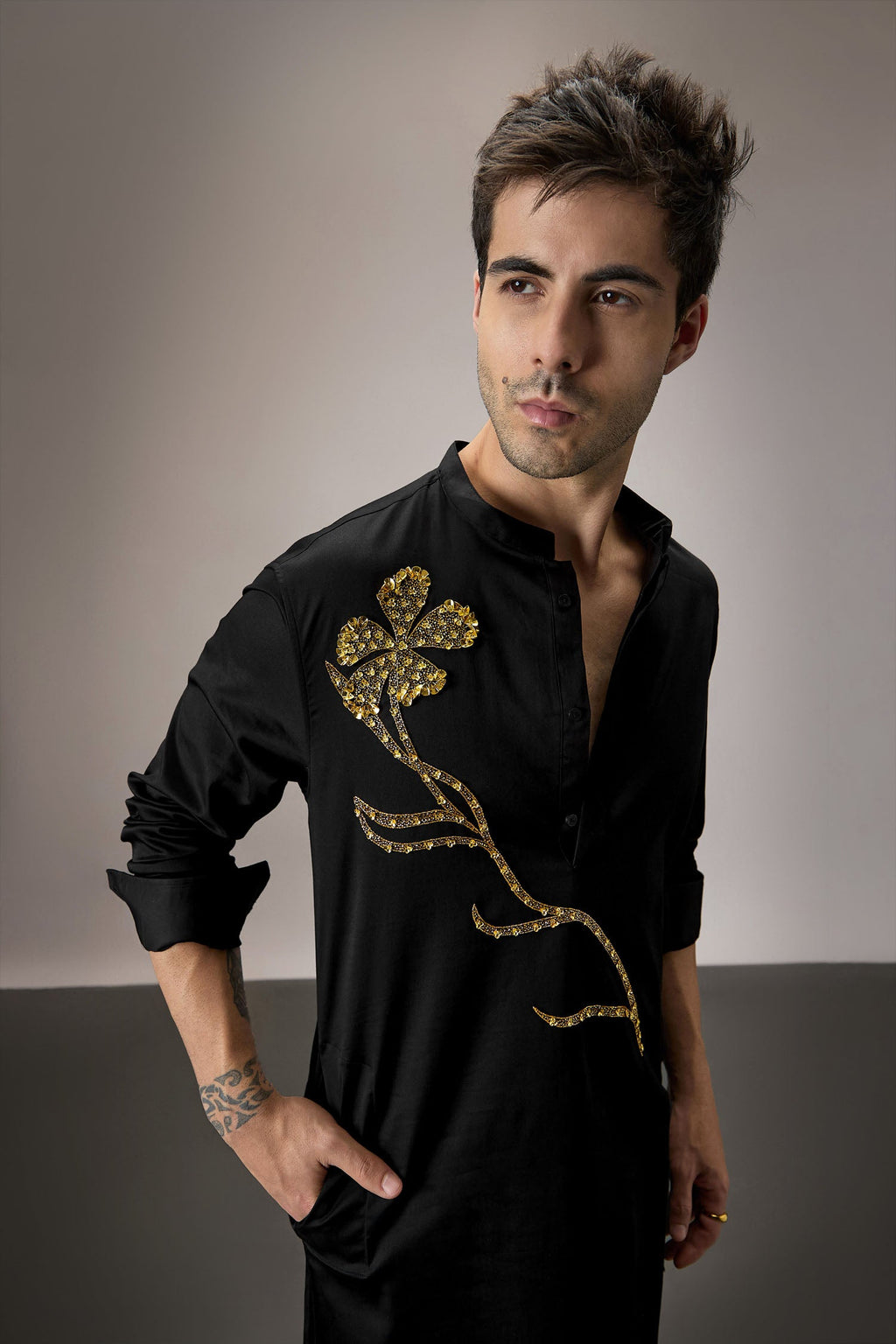 Long Flower - Hand Embroidered Designer Kurta - Black