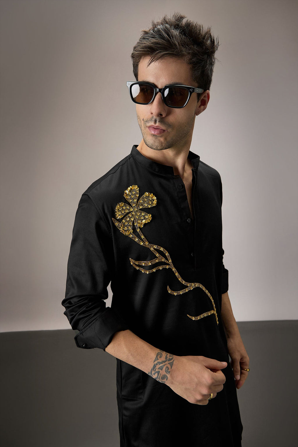 Long Flower - Hand Embroidered Designer Kurta - Black