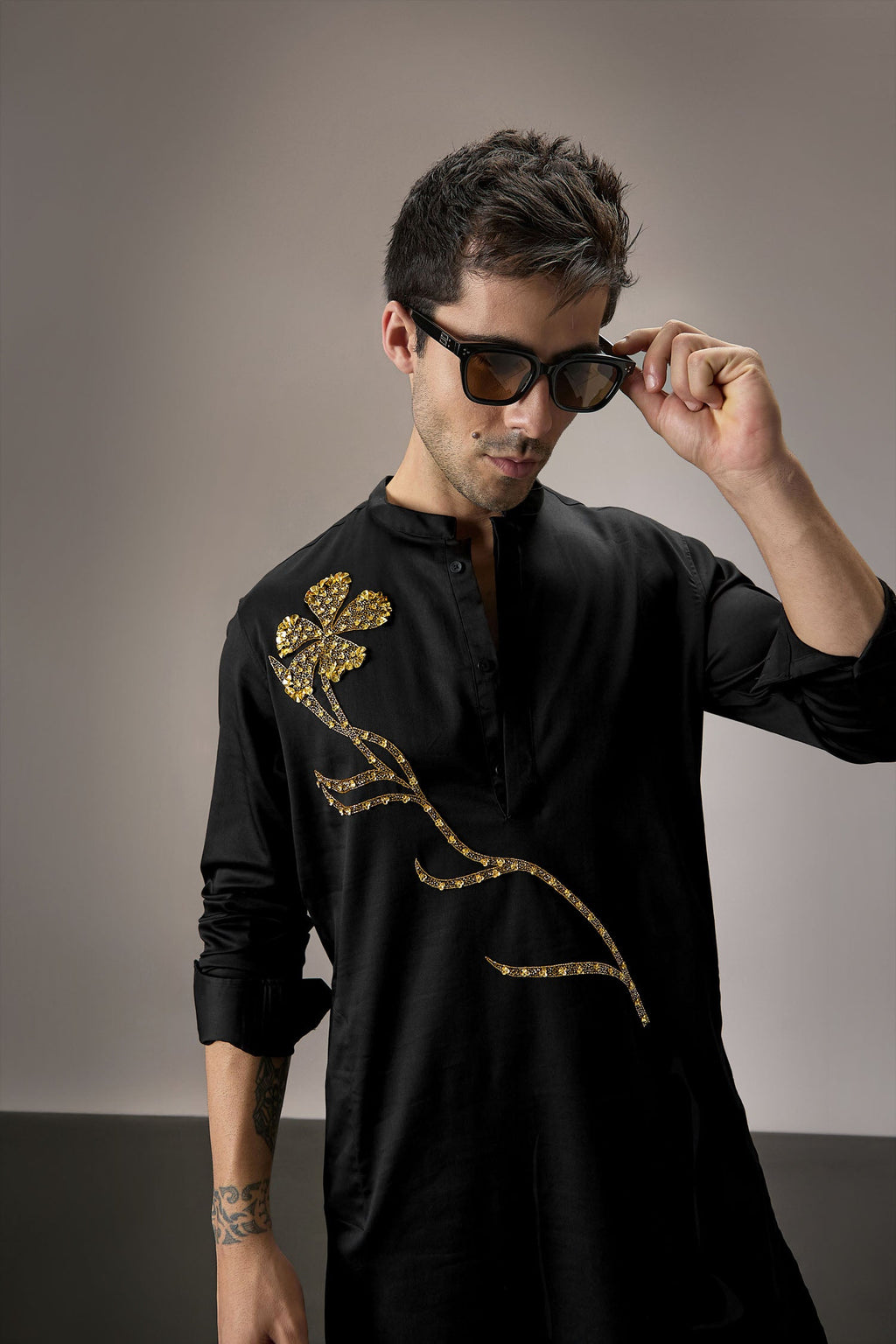 Long Flower - Hand Embroidered Designer Kurta - Black