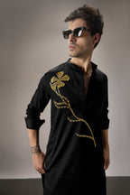 Long Flower - Hand Embroidered Designer Kurta - Black