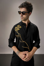 Long Flower - Hand Embroidered Designer Kurta - Black