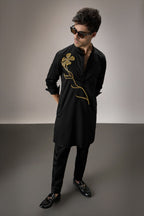 Long Flower - Hand Embroidered Designer Kurta - Black