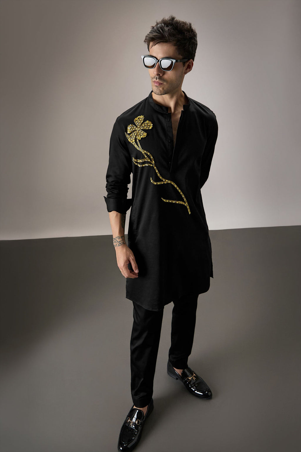 Long Flower - Hand Embroidered Designer Kurta - Black