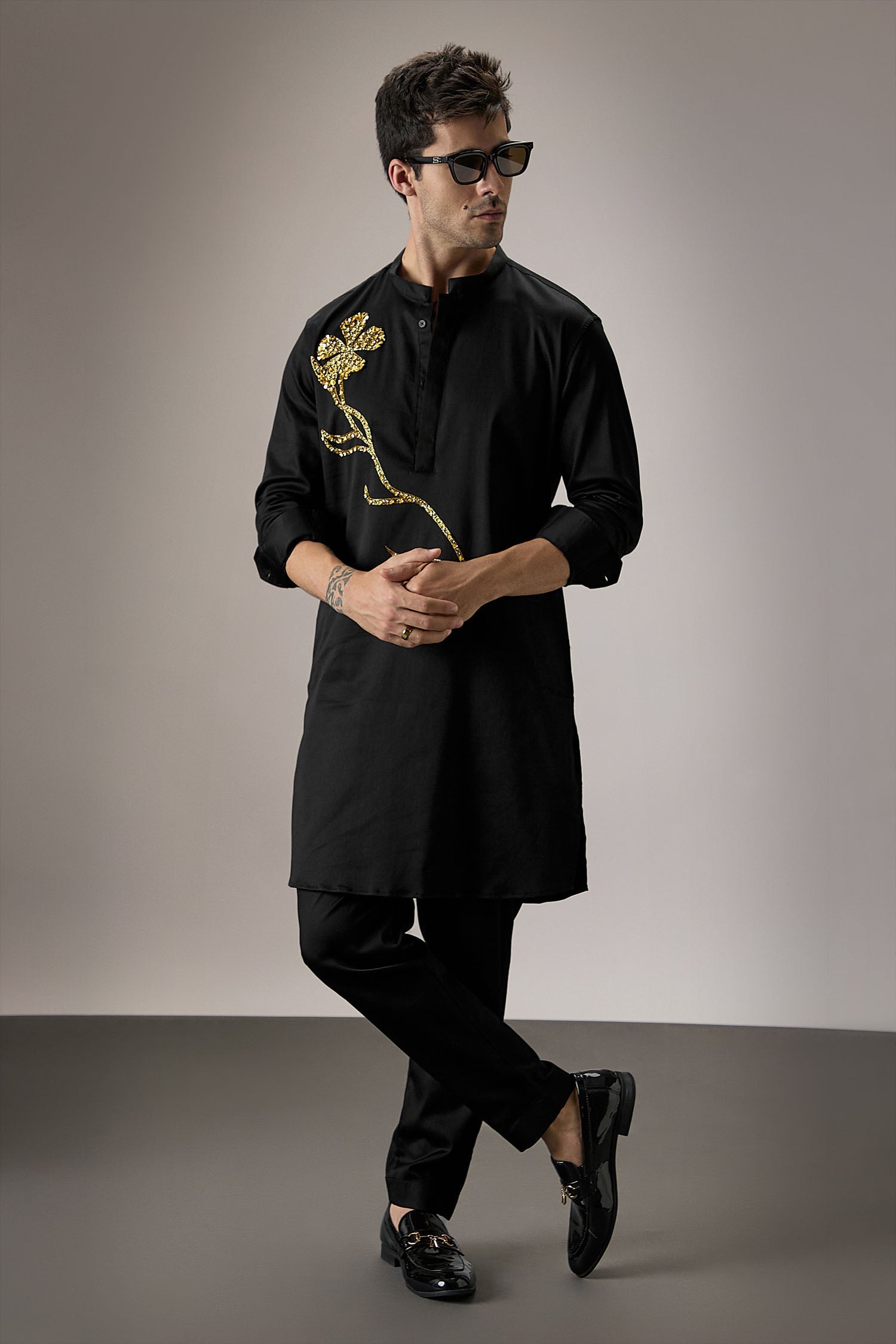 Long Flower - Hand Embroidered Designer Kurta - Black
