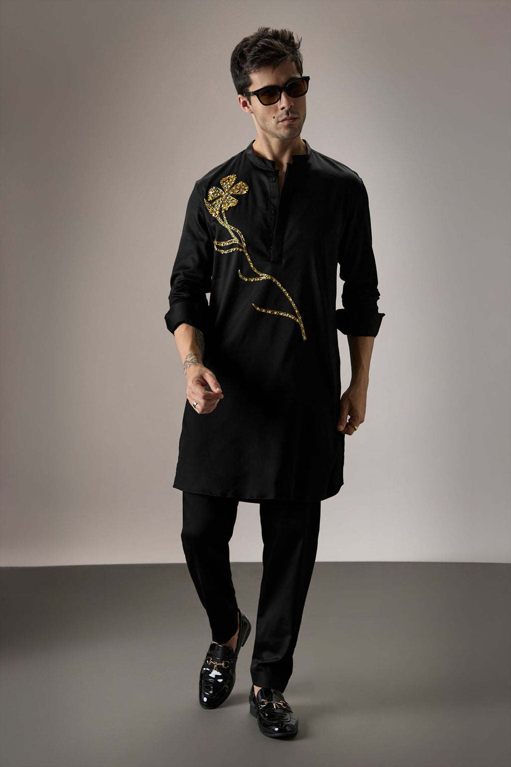 Long Flower - Hand Embroidered Designer Kurta - Black